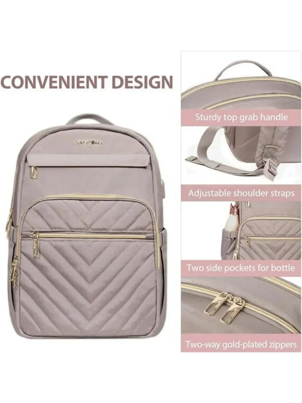 Vankean Womens Laptop Backpack 15.6 Inch USB Work Travel Bag Waterproof Pink